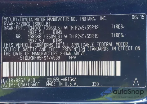 2015 Toyota Highlander Limited V6 z USA, uszkodzony, nr VIN 5TDDKRFH5FS174939